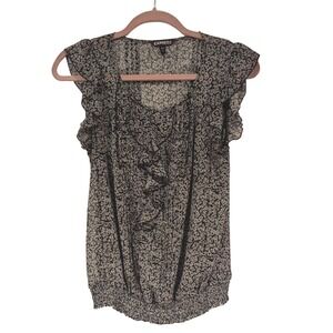Express Womens Black White Floral Flutter Sleeve Smocked Blouson Blouse Small